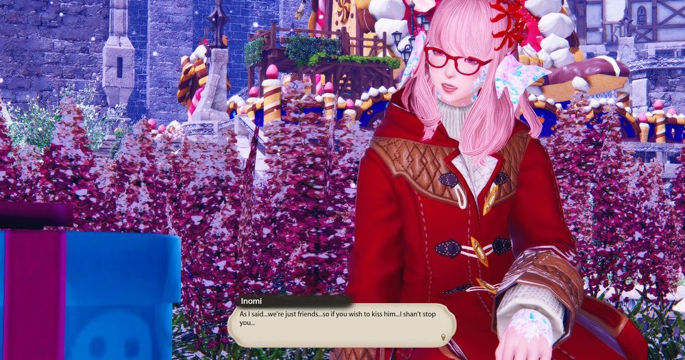 Inomi looks away as she once again asserts that she and G'raha are only friends and Morta is free to kiss him if she wishes to.