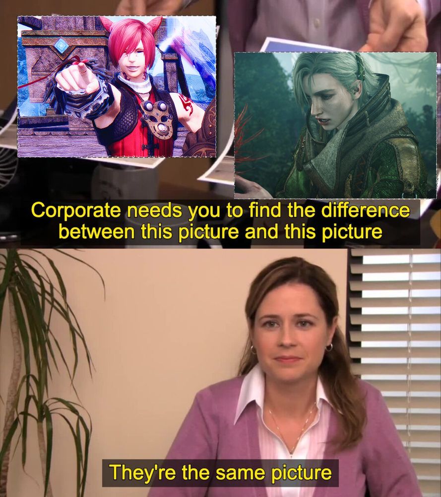 Corporate needs you to find the difference between this picture and this picture (FFXIV ARR Raha and Erik from Monster Hunter Wilds). They're the same picture meme.