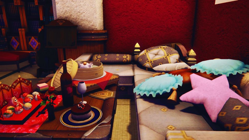 An alternative angle of the couch. The items on the table can be seen more clearly here and include a small chocolate cake, a wine glass, a wine bottle, a small vase with some roses, a basket with some moogle shaped deserts, and other items. The couch is covered with playful and colorful cushions. Please note that Inomi doesn't consume alcohol. Just pretend it's tea or something.