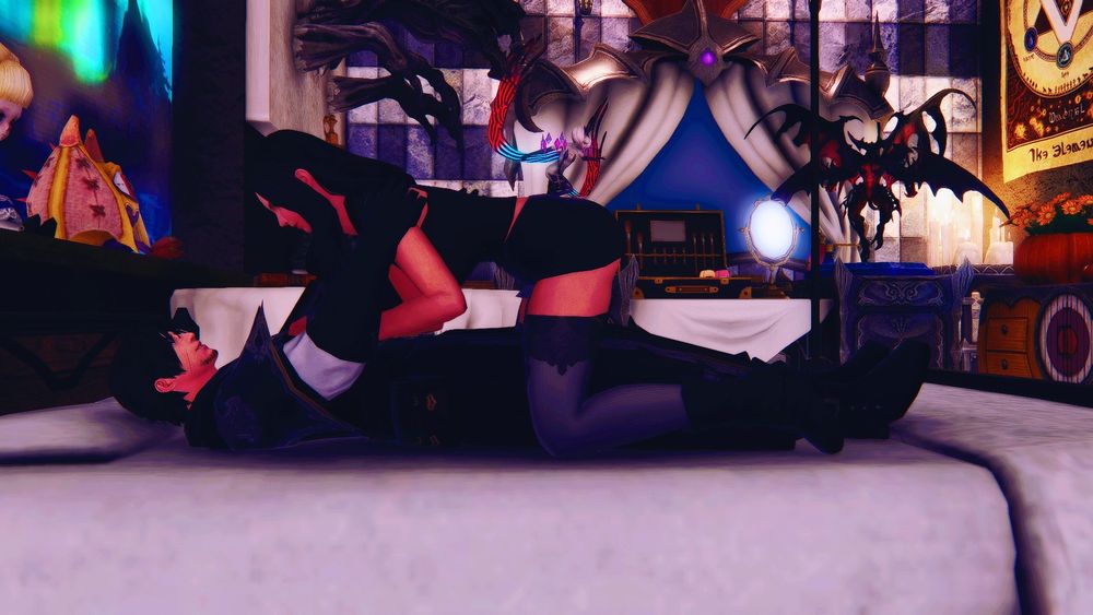 Morta climbs over James as he lies in her bed.