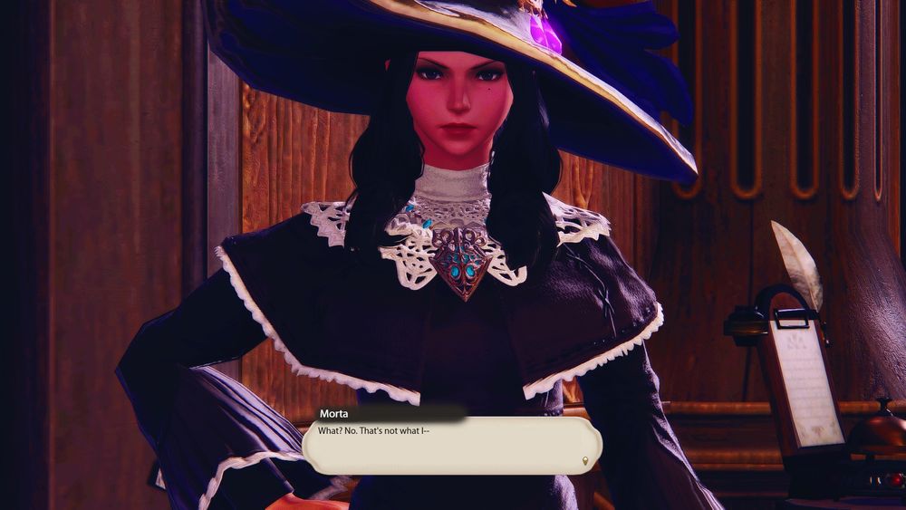 Morta is exasperated by the question.

Morta: What? No. That's not what I--