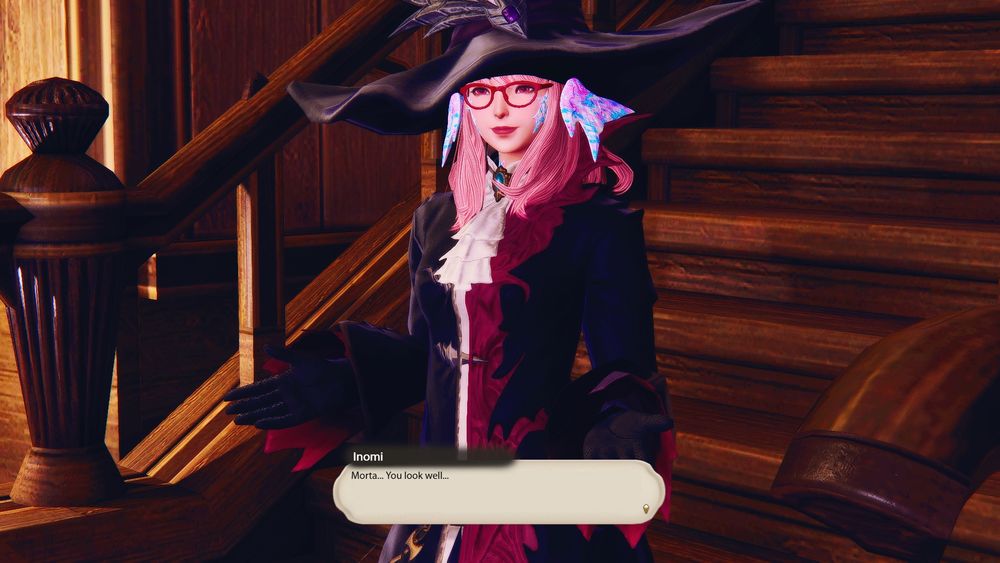 Inomi descends the stairs in her costume. She's dressed as a witch. She smiles upon seeing Morta.

Inomi: Morta... You look well...