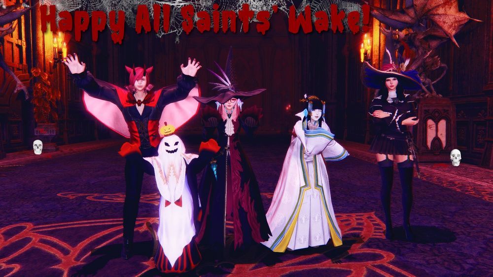 G'raha Tia, Akimi, Inomi, and Yukime all dressed up for Halloween. 

Raha is dressed as a vampire with devil horns. Akimi is dressed as a ghost. Inomi is dressed as a witch. Yukime is dressed as a Yukionna. Morta is also there, but not dressed up. While everyone is celebrating, Morta looks grumpy. They're all standing together in Haukke Manor (Hard).

I added some spider webs, blood-looking text, blood splatter, and a pair of skulls to the image. Also thought about adding a magic circle, but it seemed like too much. 