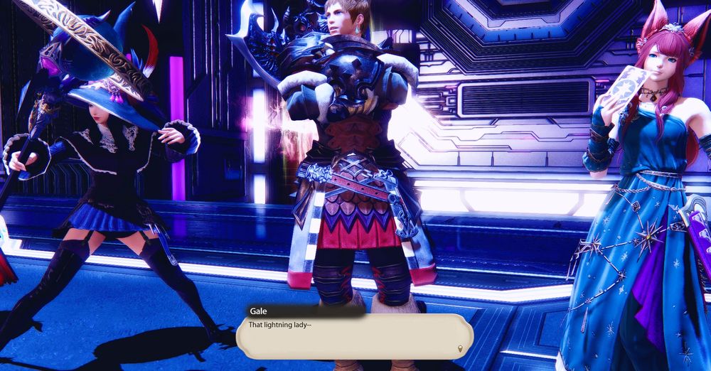 Gale, standing between Morta and Haruko who are also ready to fight, crosses his arms and considers Raha's comment.

Gale: That lightning lady--