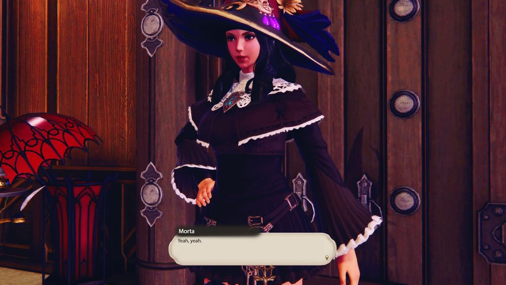 Morta isn't dressed up. She's wearing her usual outfit. Placing a hand on her hip, she dismisses Akimi's greeting.

Morta: Yeah, yeah.