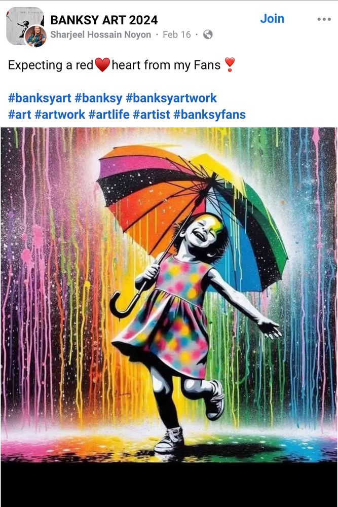 Banksyart picture of a little girl out in the pouring rain holding an umbrella. The rain and the umbrella are in the colors of the rainbow.