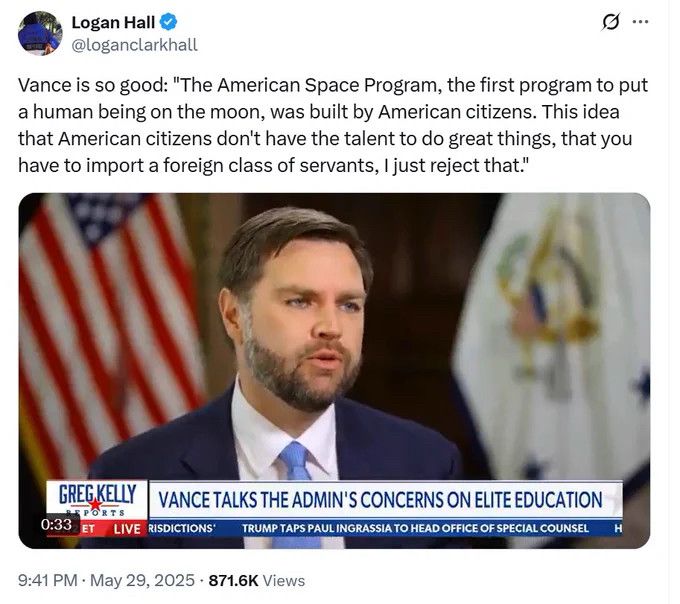 Vance is so good: "The American Space Program, the first program to put a human being on the moon, was built by American citizens. This idea that American citizens don't have the talent to do great things, that you have to import a foreign class of servants, I just reject that."