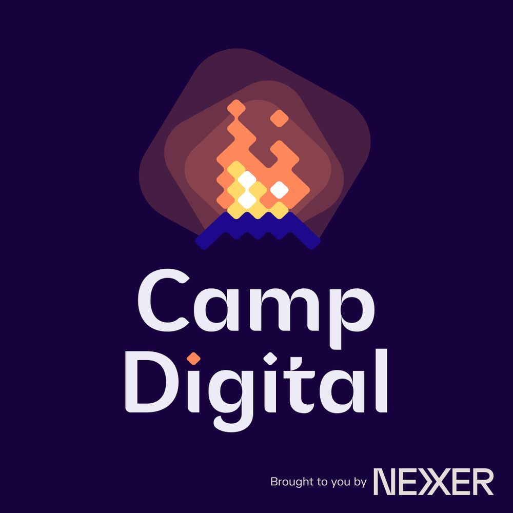 Camp Digital logo - a pixelated bonfire, with the glow of the light fanning out like a halo against a dark blue background. The words "Camp Digital" are written underneath, and at the bottom it reads "Brought to you by Nexer"