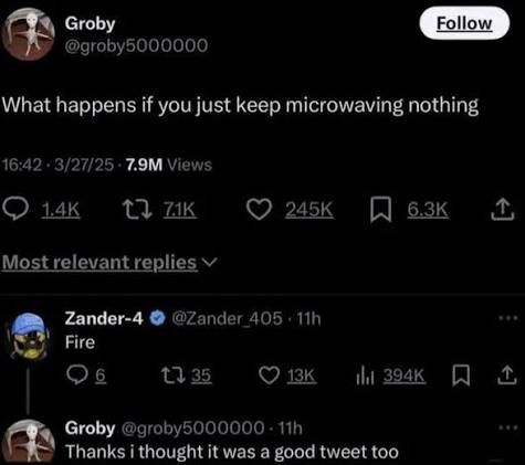 Twitter screenshot

@groby5000000: What happens if you just keep microwaving nothing

@Zander_405: Fire

@groby5000000: Thanks i thought it was a good tweet too