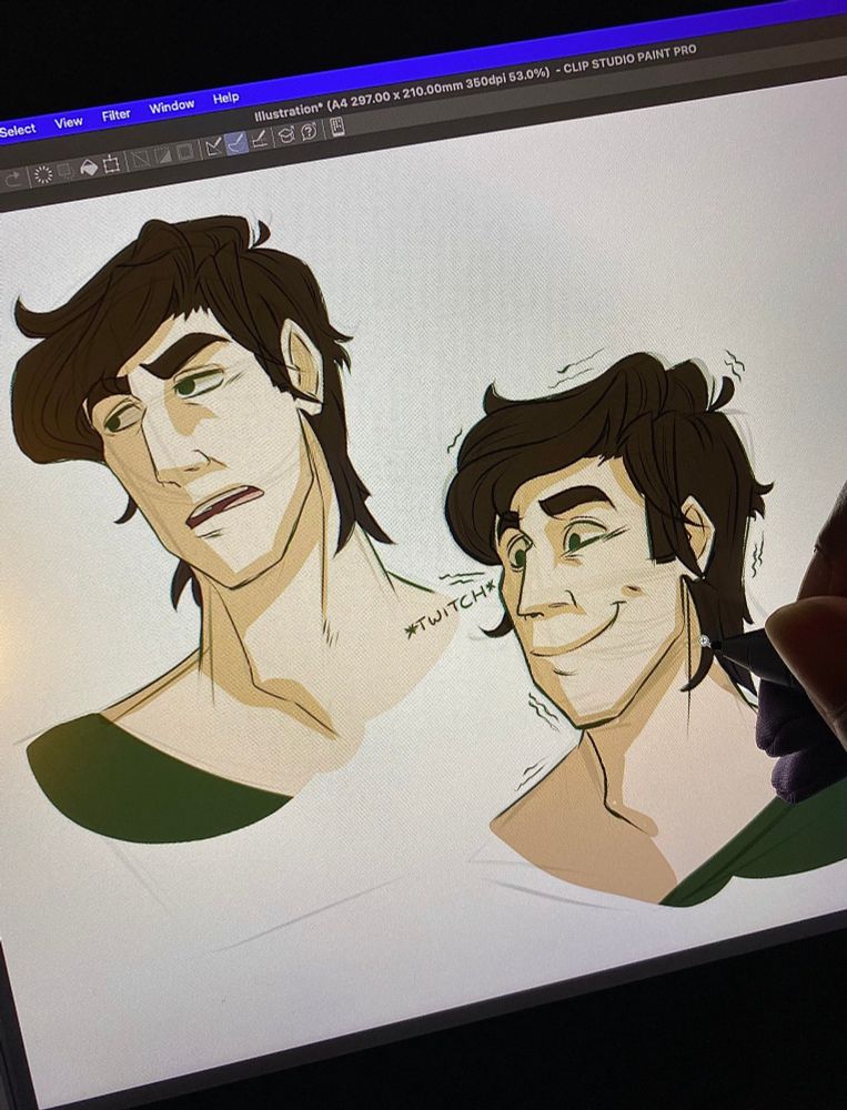 Photo of a tablet screen depicting two sketches of the same white male with dark brown hair, wearing a dark green shirt, displaying different facial expressions.

Top left image: man is looking over his shoulder, looking ‘fed up’.

Bottom right image: the man looks ‘unnerved’.  The word “TWITCH” written beside him.