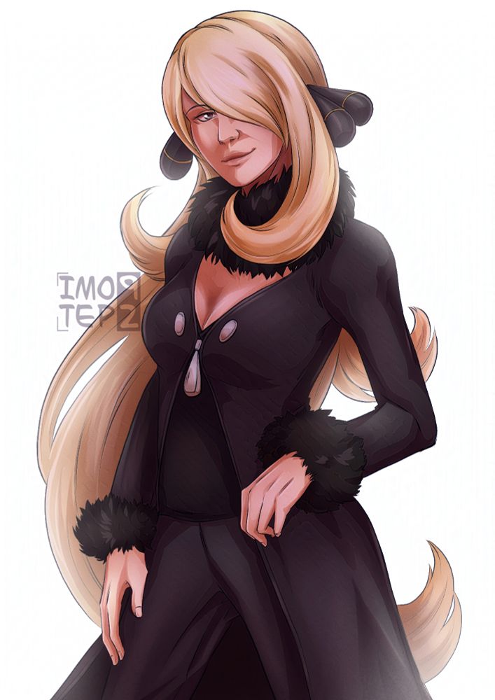 Digital illustration of a white woman with long blonde hair, wearing all black clothing and black hair accessories.  She has a slight smile on her face, looking towards the viewer.
She is 'Cynthia' from the videogame franchise 'Pokemon'. 