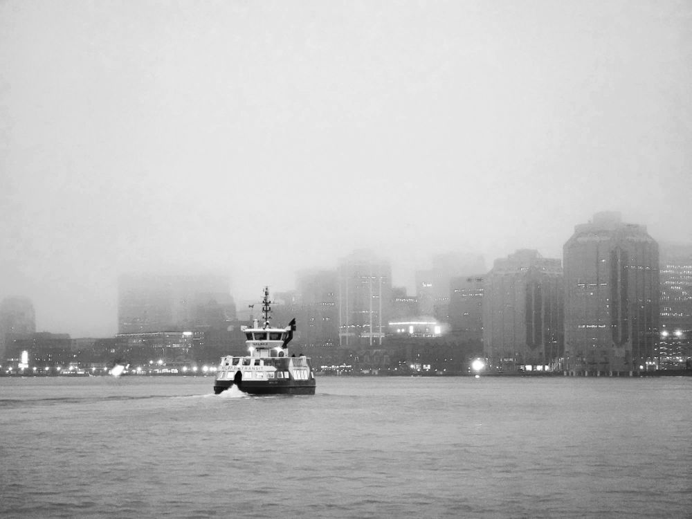 Halifax Ferry on a cloudy winter morning.  Black and white. 