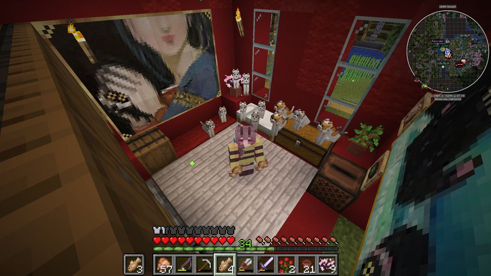 Printscreen do jogo minecraft com meu personagem e vários gatinhos dentro de uma casa vermelha.
