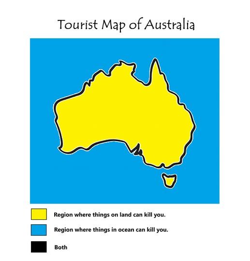 Tourist map of Australia featuring a thick outline of the country in black. The land mass is yellow and the surrounding ocean is blue.
On the bottom is a key. Yellow is "Region where things on land can kill you." 
Blue is "Region where things in ocean can kill you."
Black is "Both."
