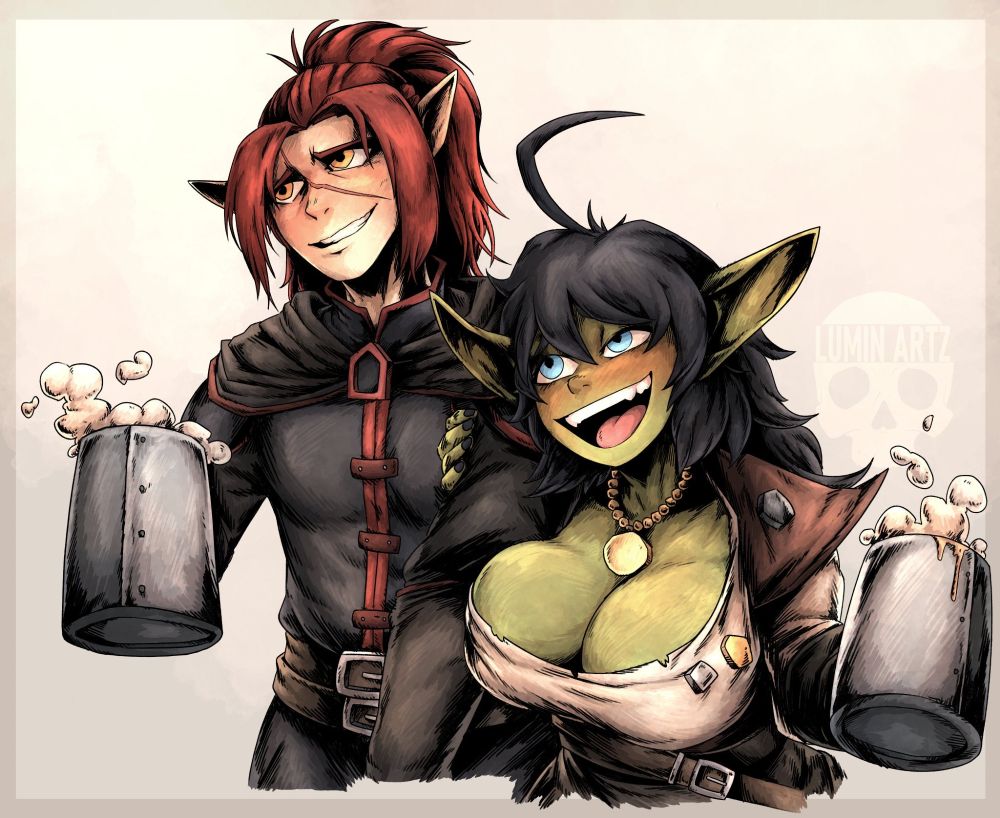 A goblin woman with large breasts spending time with an elf friend. Art by Lumin Arts