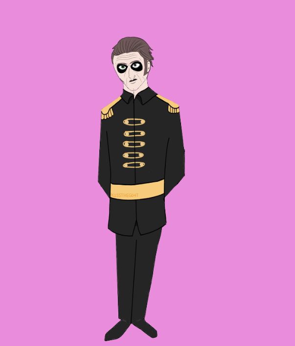 my drawing of cardinal copia as a disney prince. he is wearing the all black and gold military outfit he wore as papa, changed a bit to look more like a disney prince outfit (the jacket is buttoned closed and he is wearing a gold belt around his waist). he has his black paint around his eyes and on his upper lip, his mustache, his sideburns, and his brown hair is slicked back. his hands are behind his back. i may have stolen one of king agnarr's poses (mischievous giggle).