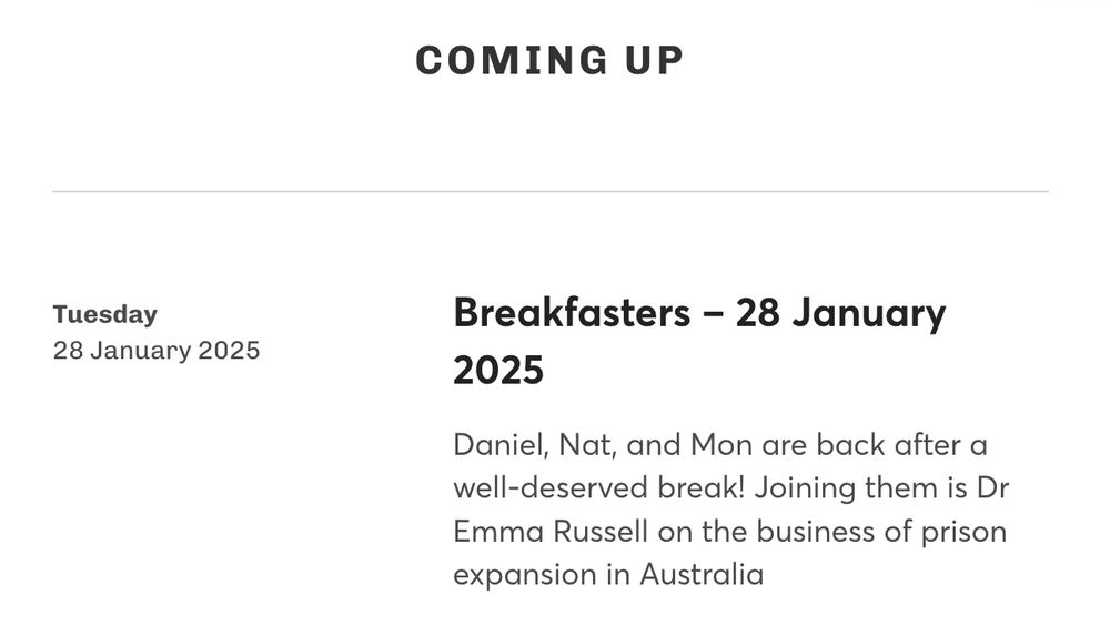 Screenshot of Triple R Breakfasters upcoming program on 28 January, including Emma Russell on the business of prison expansion in Australia