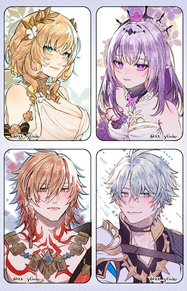 Headshot drawings of the character Aglaea, Castorice, Mydei and Phainon from the game Honkai Star Rail.