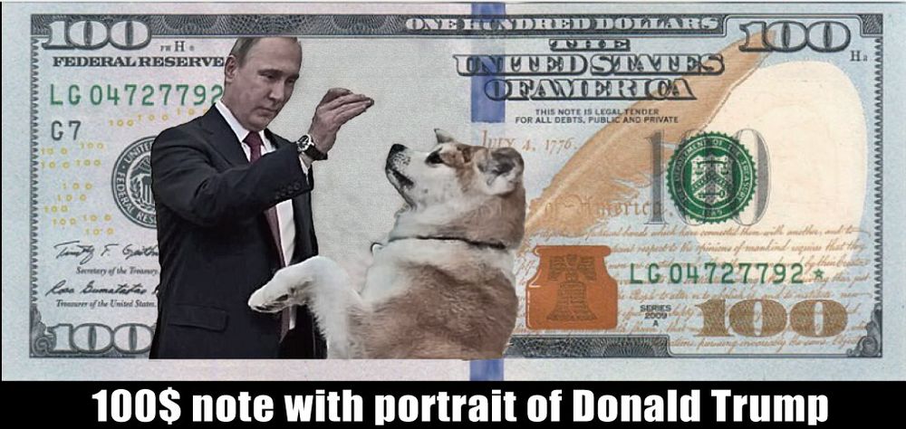 $100 bill features a dog being fed by Putin
