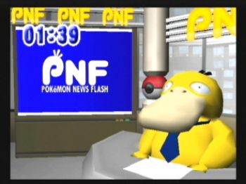 A scene from the GameCube game pokemon channel, depicting the pokemon news flash channel, with the host Psyduck.