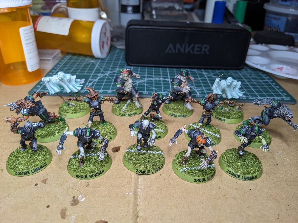 Necromantic Horror Blood Bowl team painted in Monster Energy colors.