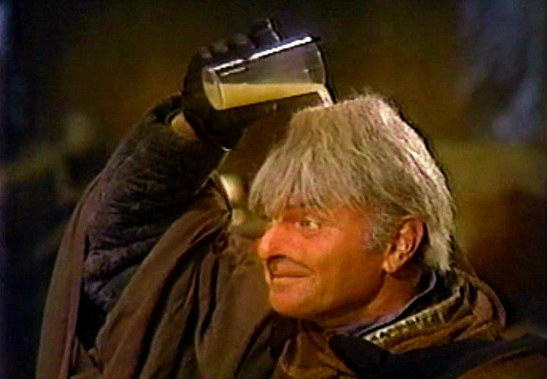 insane harvey gorman visual gig in the star wars holiday special where he pours some kind of beer into his head