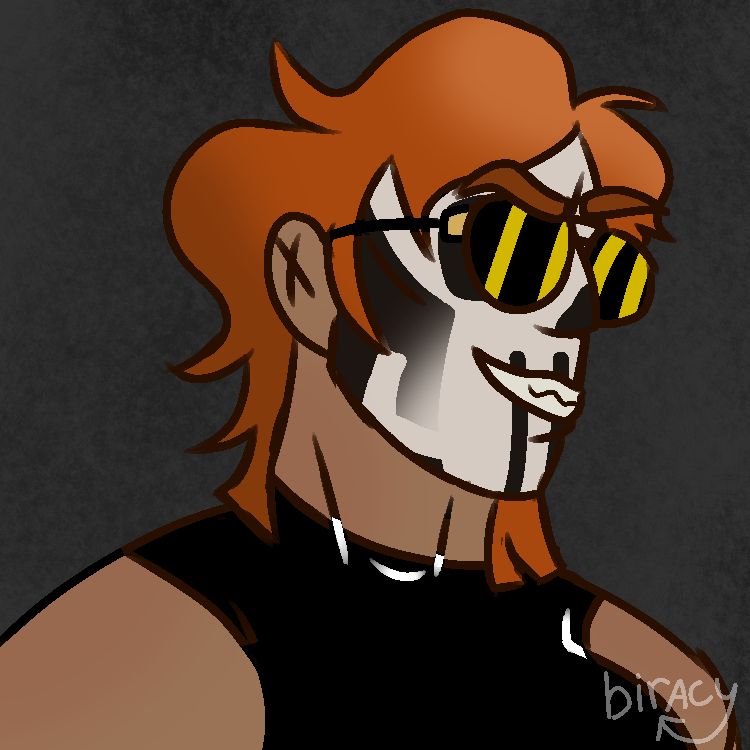 Digital sketch of Gideon Nav, depicted with a ginger mullet and wearing a high-necked black tank top, her aviators, and skull paint. She is turned to the side, smiling widely with one eyebrow cocked up.