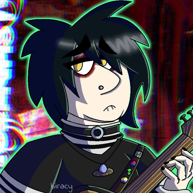 Digital icon drawing of my character Spencer, a young White person with pale skin, yellow eyes, and blue-black hair in shaggy emo bangs. He is wearing a black and white striped long-sleeved turtleneck, a black t-shirt over it, a black collar with a silver O-ring, a flying saucer necklace, and messy, dark red eyeshadow. They have a silver nose ring and silver snakebite lip piercings. He is holding an acoustic guitar strapped over his shoulder, with pins and patches on the strap: the nonbinary flag, a green alien, the bisexual flag, and a black patch with "he/they" written in white. They look sad and morose. The drawing is shaded in blue and lit in pale green. The background is from the album cover Dear Diary, My Teen Angst Has a Body Count (an abstract pattern of red, black, and white).