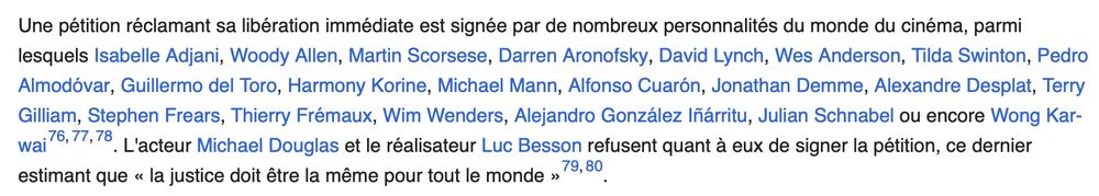 Liste des signataires d'une pétition soutenant Polanski, lien vers la page wiki: https://fr.wikipedia.org/wiki/Affaire_Roman_Polanski