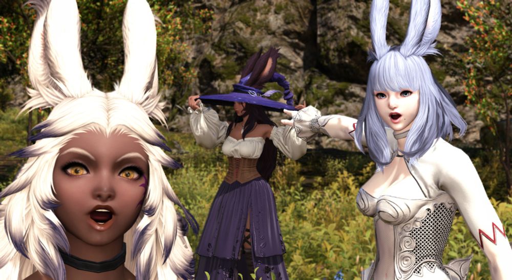 Hrjst and Elysea very excited by what they see on the head of another viera upon leaving their village for the first time.