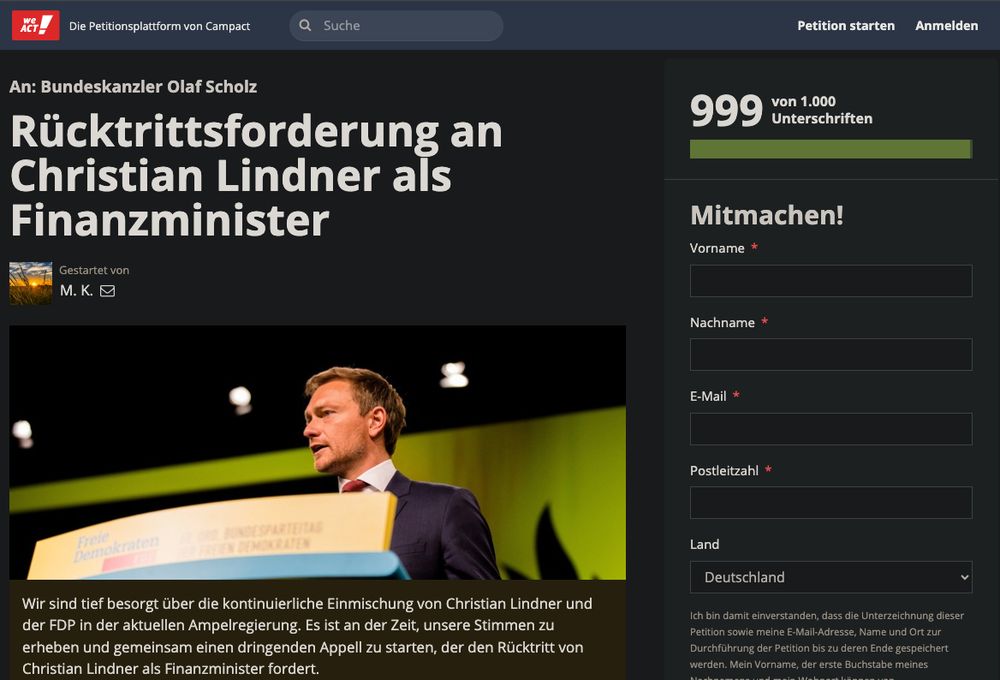 die webseite von weact! und der rücktrittsforderung an christian lindner als finanzminister

ein zähler zeigt 999 von 1000 unterschriften