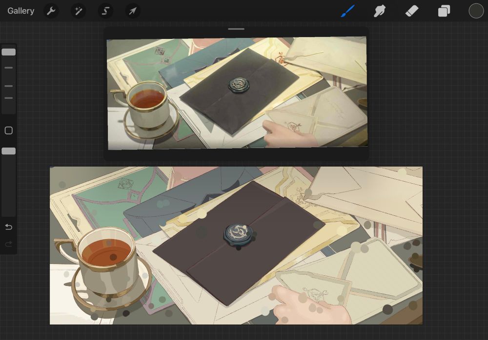 A screenshot of procreate - at the top is a screenshot from the show Arcane showing a table with different letters and a cup on the side. On the bottom is the colorstudy with colors picked from the reference next to it to compare how well I did
