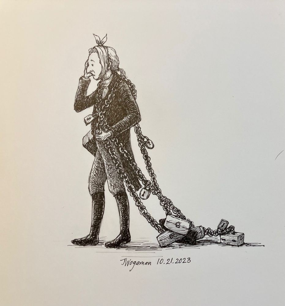 Pen and ink drawing of an old man dragging chains linked to strongboxes