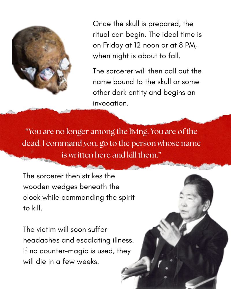 Once the skull is prepared, the ritual can begin. The ideal time is on Friday at 12 noon or at 8 PM, when night is about to fall.

The sorcerer will then call out the name bound to the skull or some other dark entity and begins the invocation. 

"You are no longer among the living. You are of the dead. I command you, go to the person whose name is written here and kill them."

The sorcerer then strikes the wooden wedges beneath the cloth while commanding the spirit to kill.

The victim will soon suffer headaches and escalating illness. If no counter-magic is used, they will die in a few weeks.