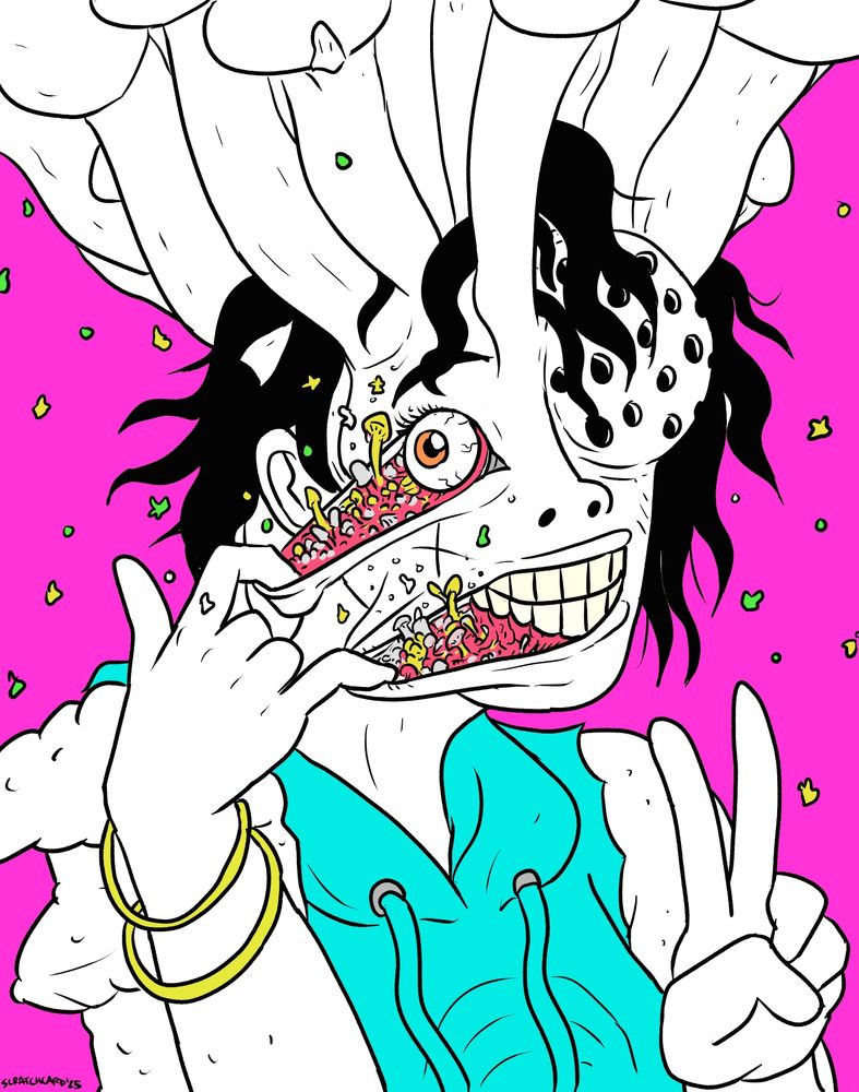 Fungril from Toxic Crusaders poses while pulling at her face revealing spores and mushrooms