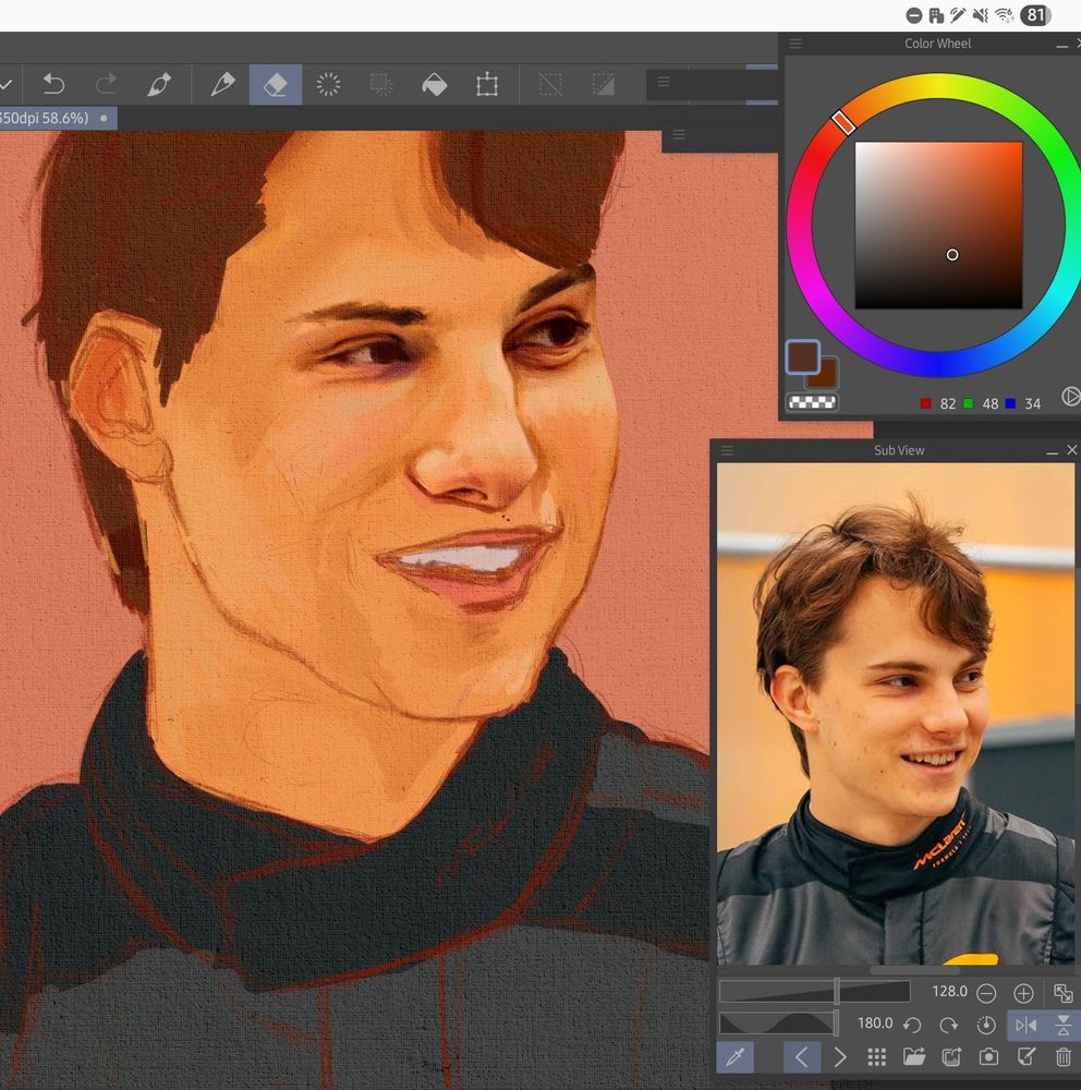 Screenshot of Clip Studio paint. On the right is a picture of Oscar Piastri in a grey race suit. On the left is a half finished painting of Oscar. 