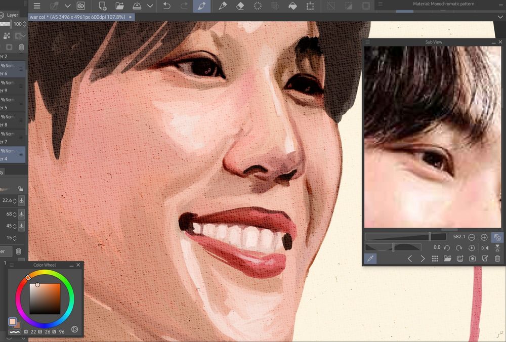 Screenshot of clip studio paint, on the left a colour wheel. In the middle a half finished painting of a male face and on the right a reference image of War Wanarat's eye.