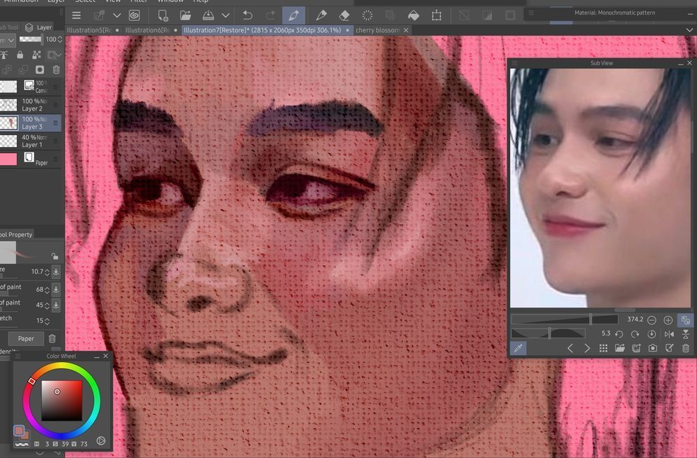 screenshot of clip studio paint. On the right is a picture of William, on the right a pink painting of his eyes half finished.