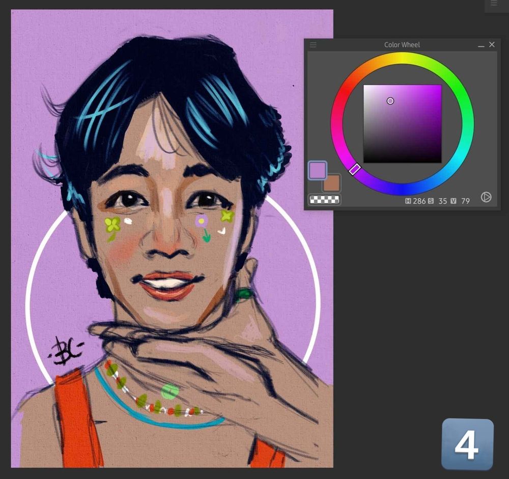 Screenshot of clip studio paint, on the top right is a colour wheel and on the left is a half finished artwork of actor War. The background is purple, he has stickers on his face and he is wearing a red shirt.