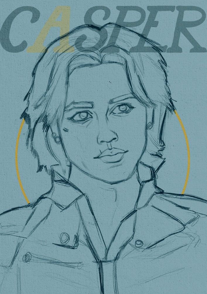 Sketch of Yelena from Thunderbolts*. Sketched in blue pencil on a light blue background it's of the chest up, with Yelena looking off to the right. Above/behind her head is the word "Casper"