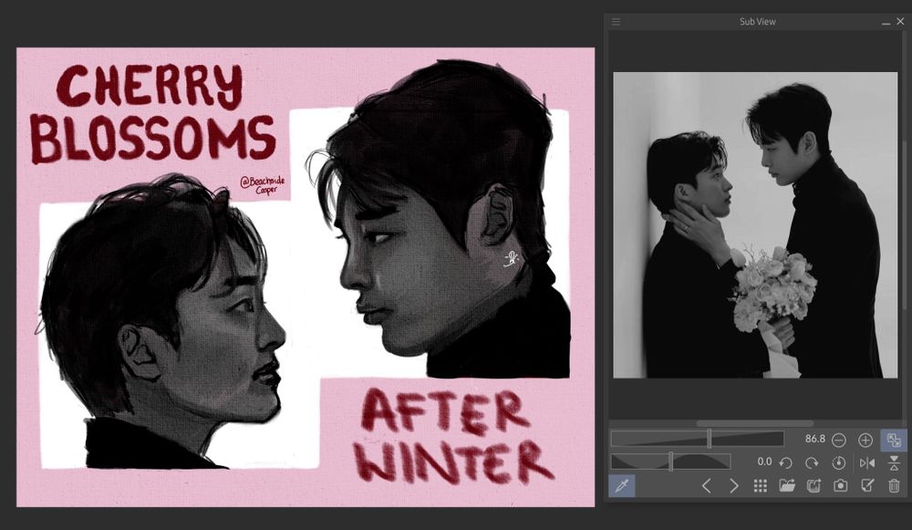Screenshot of clip studio paint. On the left is a work in progress piece with two male faces. The background is pink and the words "Cherry Blossom After Winter" written on. On the right it a reference picture of the two mails.