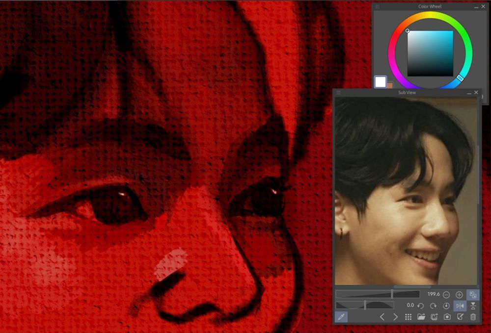 Screenshot of clip studio paint. On the left a zoomed in red art piece of eyes looking right. On the right is a colour wheel and a picture of Actor War looking right. 