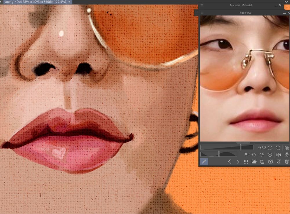 Screenshot of clip studio paint. On the right is a reference image box with a zoomed in picture of Min Yoongi wearing orange tinted glasses. On the left is a half finished semi-realistic painting of his nose and lips. 