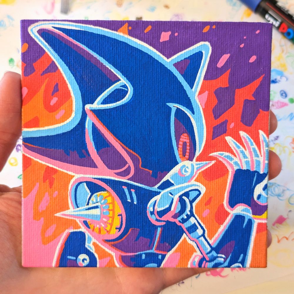 Traditional posca acrylic painting of Metal Sonic. He is looking at the viewer from over his shoulder, with his right hand raised. There is a big fire in the background.