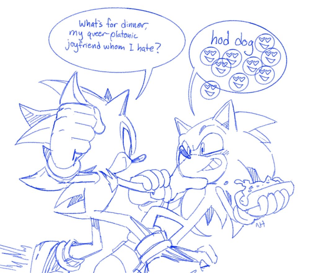 Sketchy drawing of Sonic and shadow fighting. Shadow is about to punch Sonic and Sonic is holding a chili dog