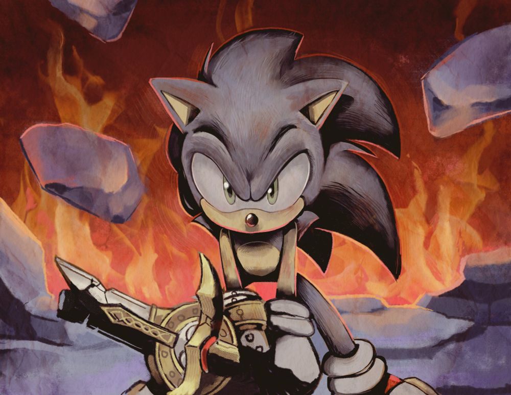 A digital redraw of the final confrontation scene from Sonic and the Black Knight. Disheveled, Sonic holds a broken Caliburn and looks towards the screen. There is fire and floating rocks in the background.