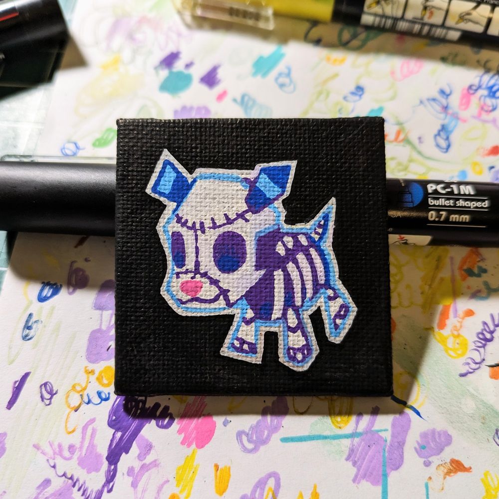 A very small, 2 inch by 2 inch acrylic painting of the skeleton dog animal from the Sonic Adventure 2 Chao garden. The dog is standing against a black, black, background