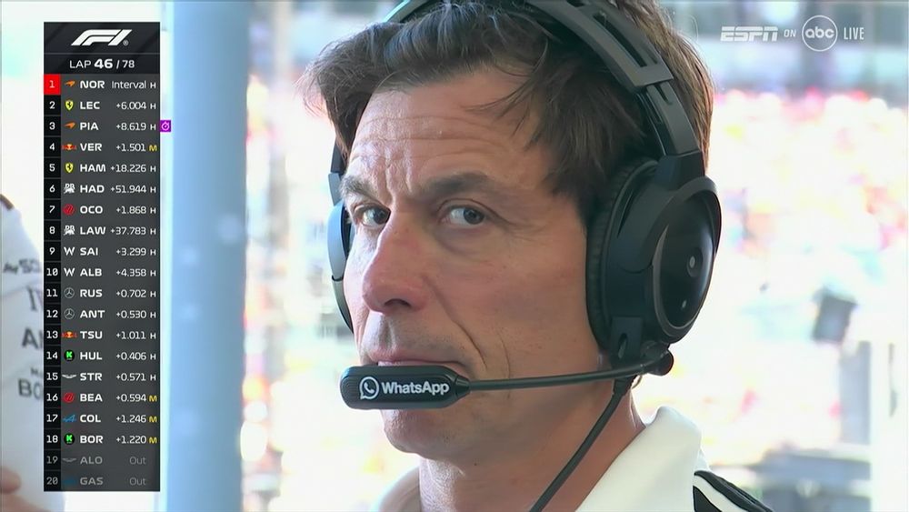 Toto Wolff in headset giving the camera an annoyed side-eye