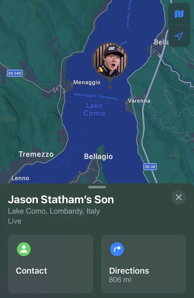 Screenshot of 'Find my iPhone', showing Yuki in the middle of Lake Como.Yuki's phone is named "Jason Statham's Son"