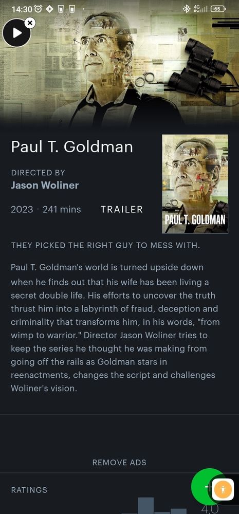 print no letterbox da página da série Paul t Goldman mostrando poster e header com a foto de um homem branco de meia idade com colagens de jornais sobrepostas na foto dele. directed by Jason woliner. 2023. 241 mins. sinopse: THEY PICKED THE RIGHT GUY TO MESS WITH.

Paul T. Goldman's world is turned upside down when he finds out that his wife has been living a secret double life. His efforts to uncover the truth thrust him into a labyrinth of fraud, deception and criminality that transforms him, in his words, "from wimp to warrior." Director Jason Woliner tries to keep the series he thought he was making from going off the rails as Goldman stars in reenactments, changes the script and challenges Woliner's vision.